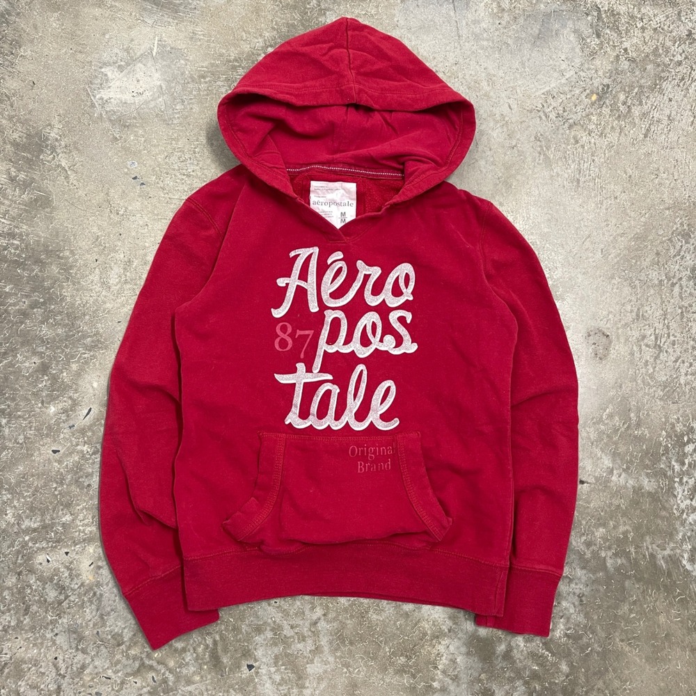 Aeropostale Womens Red Glitter Logo Pullover Hoodie V-Neck Sweatshirt Size M